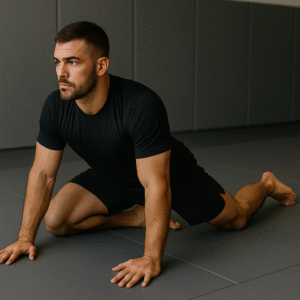 Hip Mobility Stretch for BJJ Over 40 BJJ athlete performing a deep hip mobility stretch to improve hip rotation and flexibility for grappling