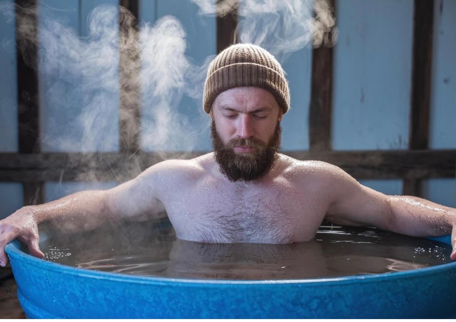 Man using a cold plunge for grapplers over 40 recovery