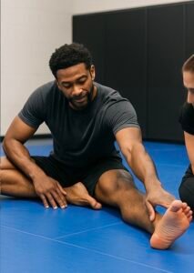 Hamstring Stretch for BJJ Mobility Over 40 Older male athlete stretching hamstring on gym mats to improve mobility for BJJ over 40