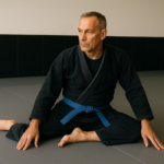 BJJ hip mobility stretch for grapplers over 40 Middle-aged Brazilian Jiu-Jitsu practitioner performing a seated 90/90 hip mobility stretch on BJJ mats