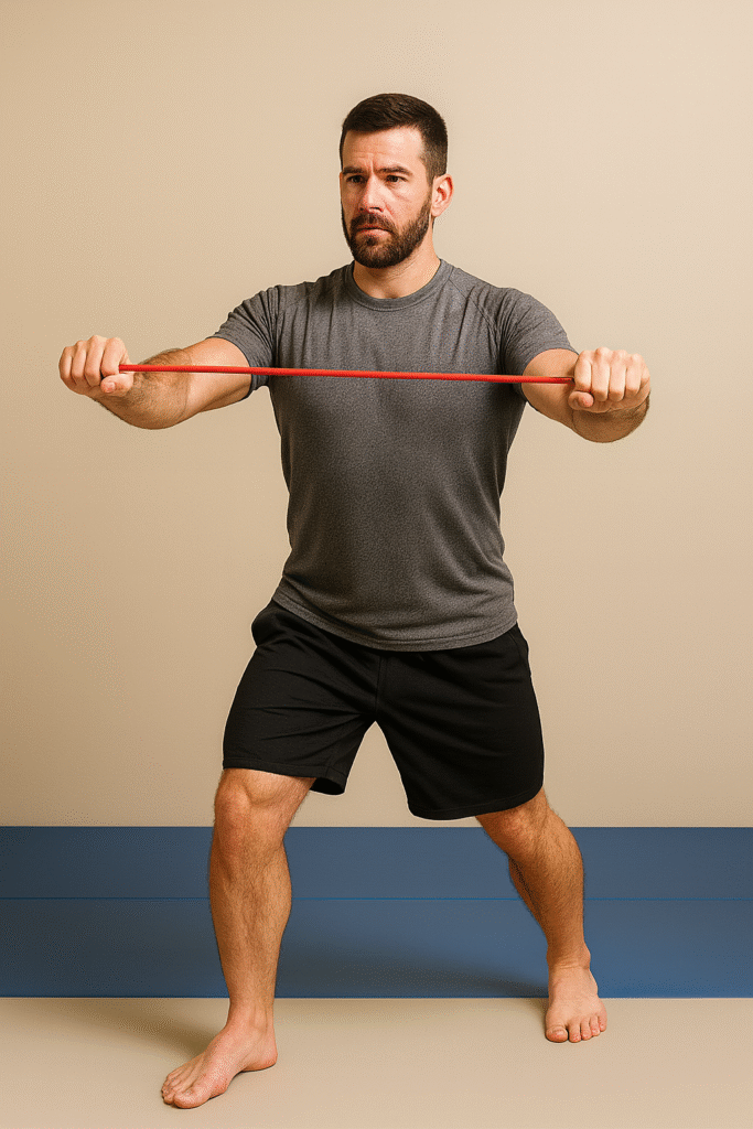 Middle-aged athlete wearing a grey rashguard and black shorts demonstrating a resistance band pull-apart for shoulder stability and mobility for BJJ mobility exercises