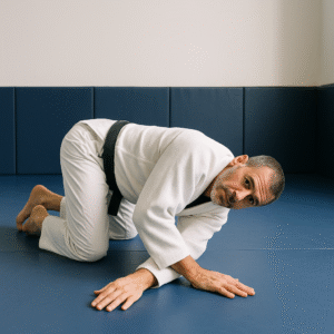Thread the Needle Shoulder and Thoracic Stretch BJJ grappler performing thread the needle stretch for shoulder and thoracic mobility