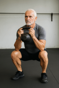 Older man performing a kettlebell goblet squat in no-gi gear for BJJ strength and hip mobility