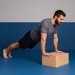 Incline Scapular Push-Up Demonstration for BJJ Mobility Middle-aged athlete performing an incline scapular push-up with hands on a wooden box, wearing black shorts and a grey rashguard to demonstrate proper shoulder and thoracic mobility for BJJ.