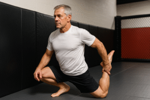 hip mobility for BJJ demonstrated by an athlete performing a deep lunge stretch